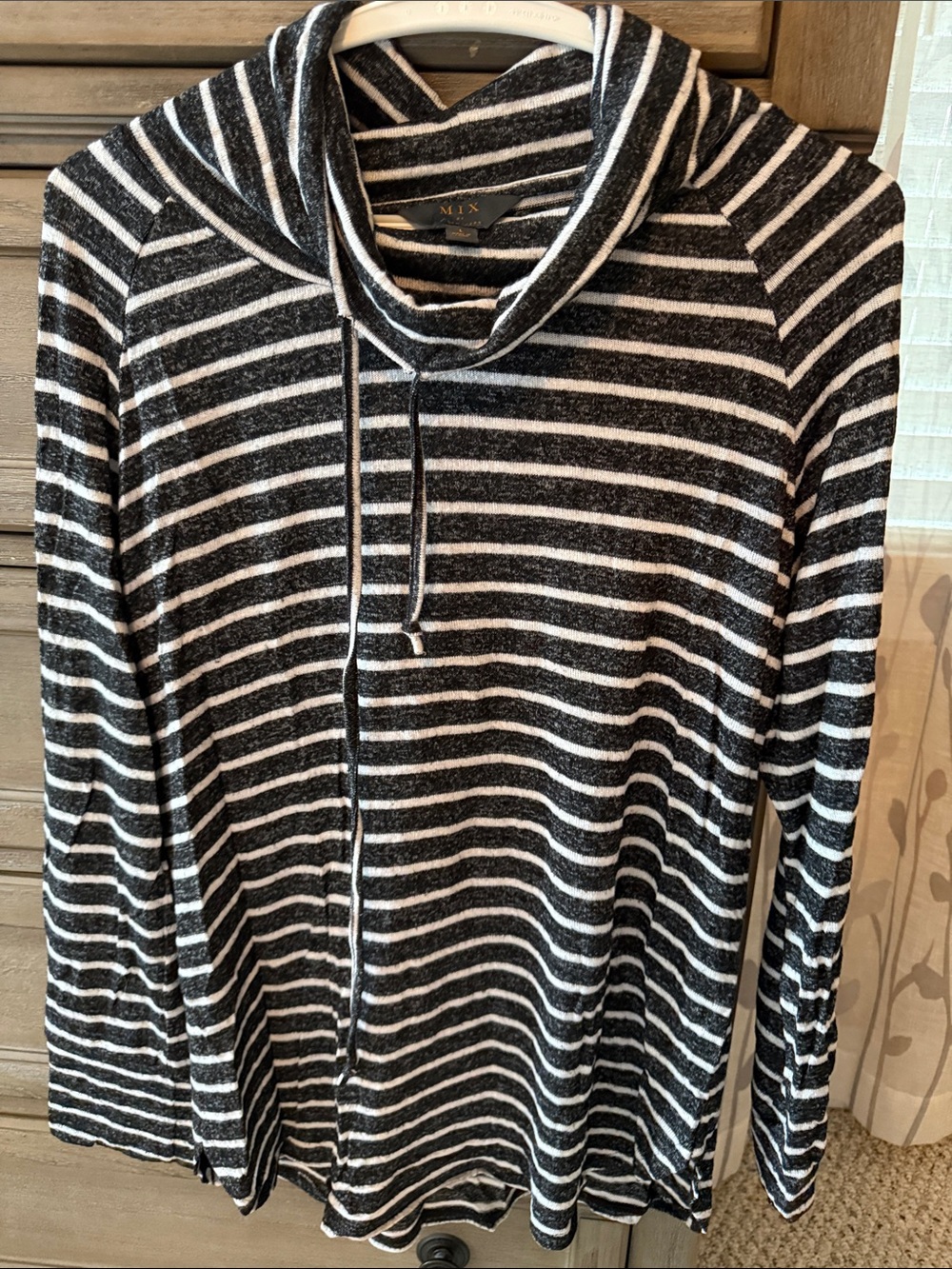 Mi Striped Black & White Heathered  Cowl Neck Pullover